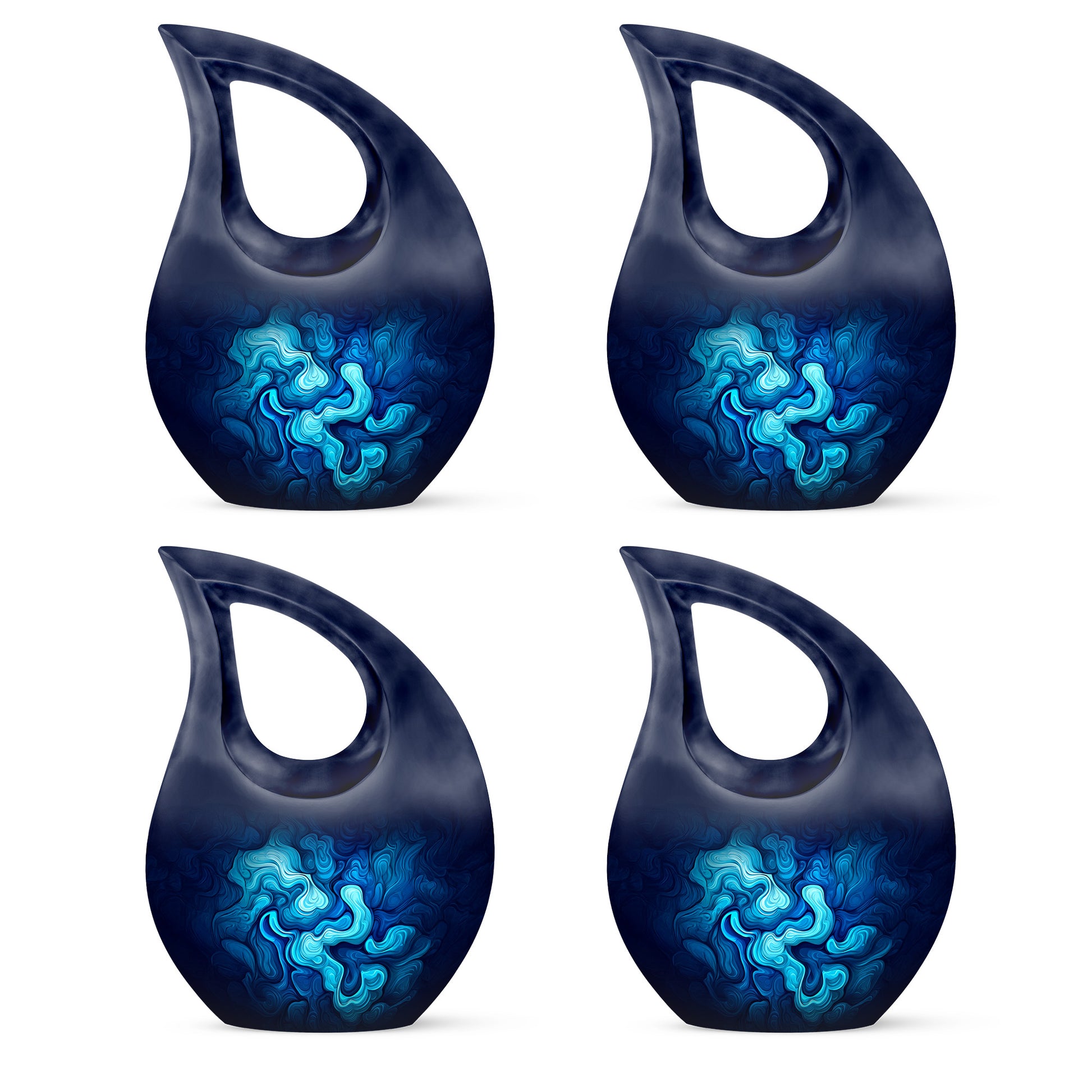 Celestial Blue Blue Cremation Urn lifestyle display on memorial shelf - sacred cross merged with blue motif on metal - 10 inch aluminum urn for cremated remains