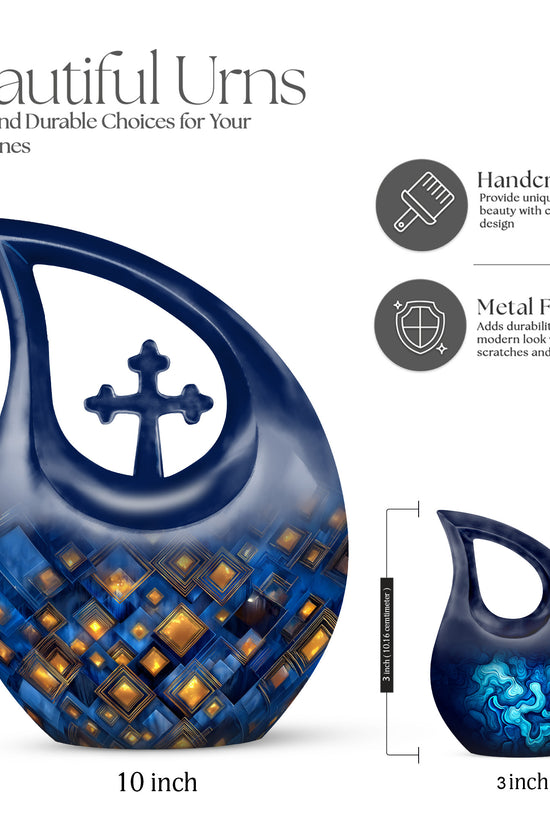 Icy Blue Blue Cremation Urn back view with polished surface - cross and blue combined in spiritual memorial design - mini keepsake memorial for portion of cremation ashes