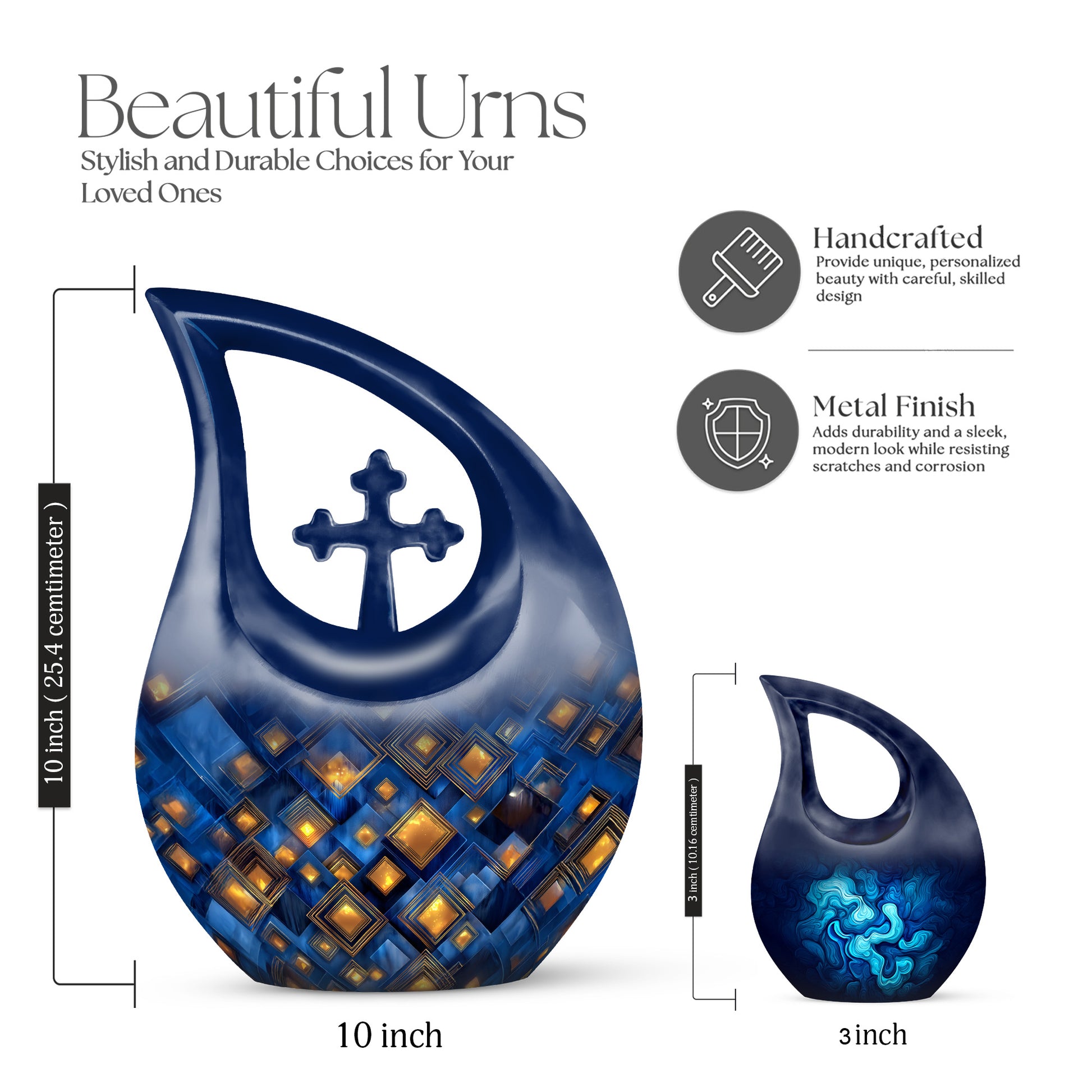 Icy Blue Blue Cremation Urn back view with polished surface - cross and blue combined in spiritual memorial design - mini keepsake memorial for portion of cremation ashes