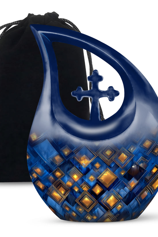 Misty Blue Blue Cremation Urn top-down view of secure threaded lid - cross and blue combined in spiritual memorial design - full-size 10 inch 200 cubic inch adult cremation urn