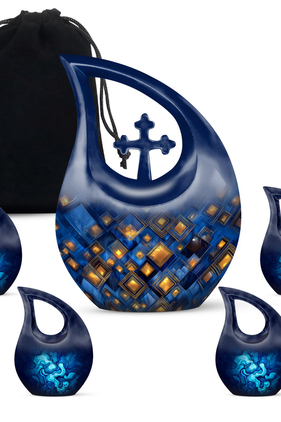 Celestial Blue Blue Cremation Urn urn with complimentary velvet bag - sacred cross merged with blue motif on metal - memorial set with one large and four small urns