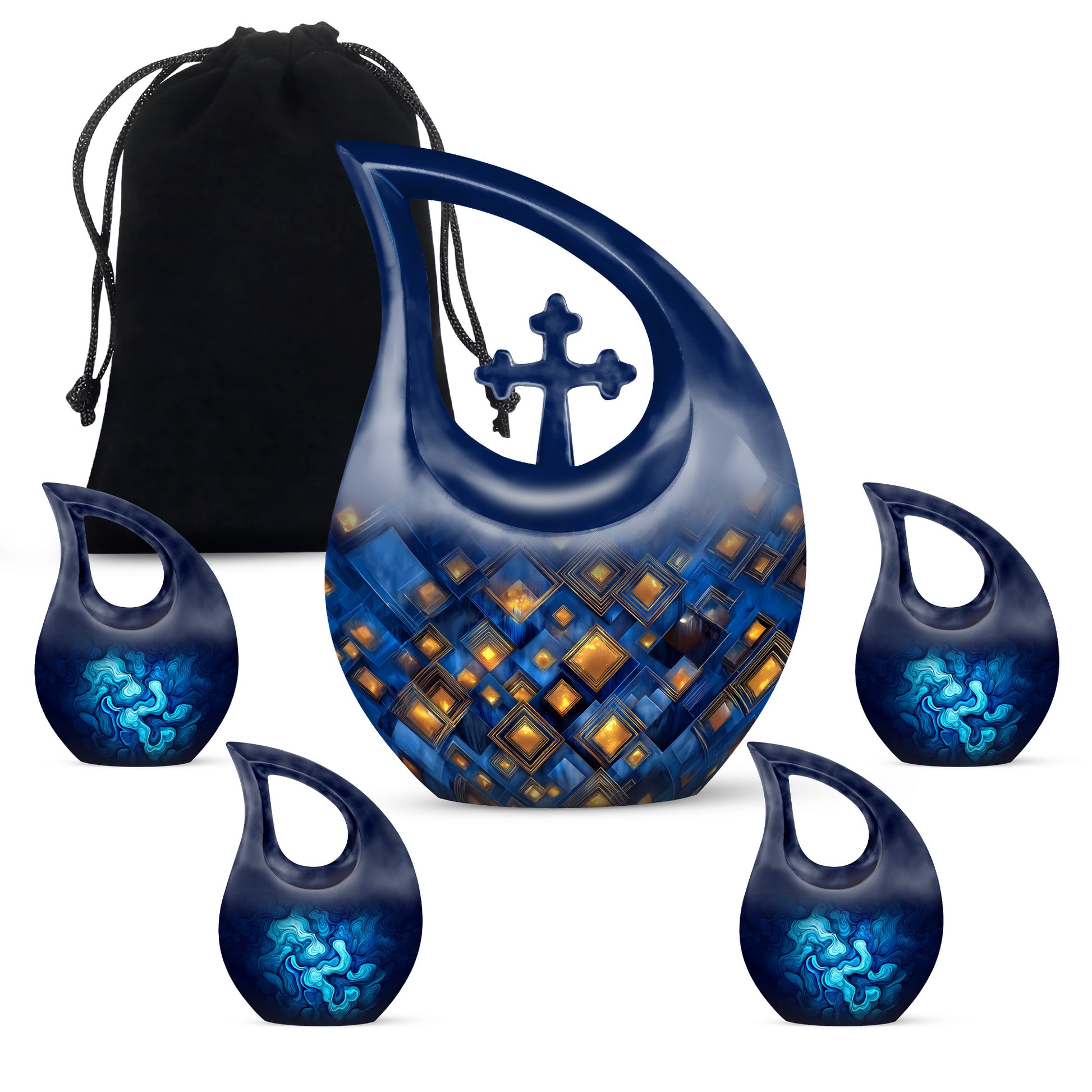 Celestial Blue Blue Cremation Urn urn with complimentary velvet bag - sacred cross merged with blue motif on metal - memorial set with one large and four small urns