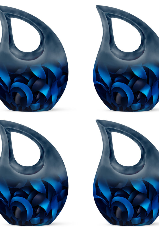 Ebony Blue Cremation Urn lifestyle display on memorial shelf - cross and blue combined in spiritual memorial design - 10 inch aluminum urn for cremated remains