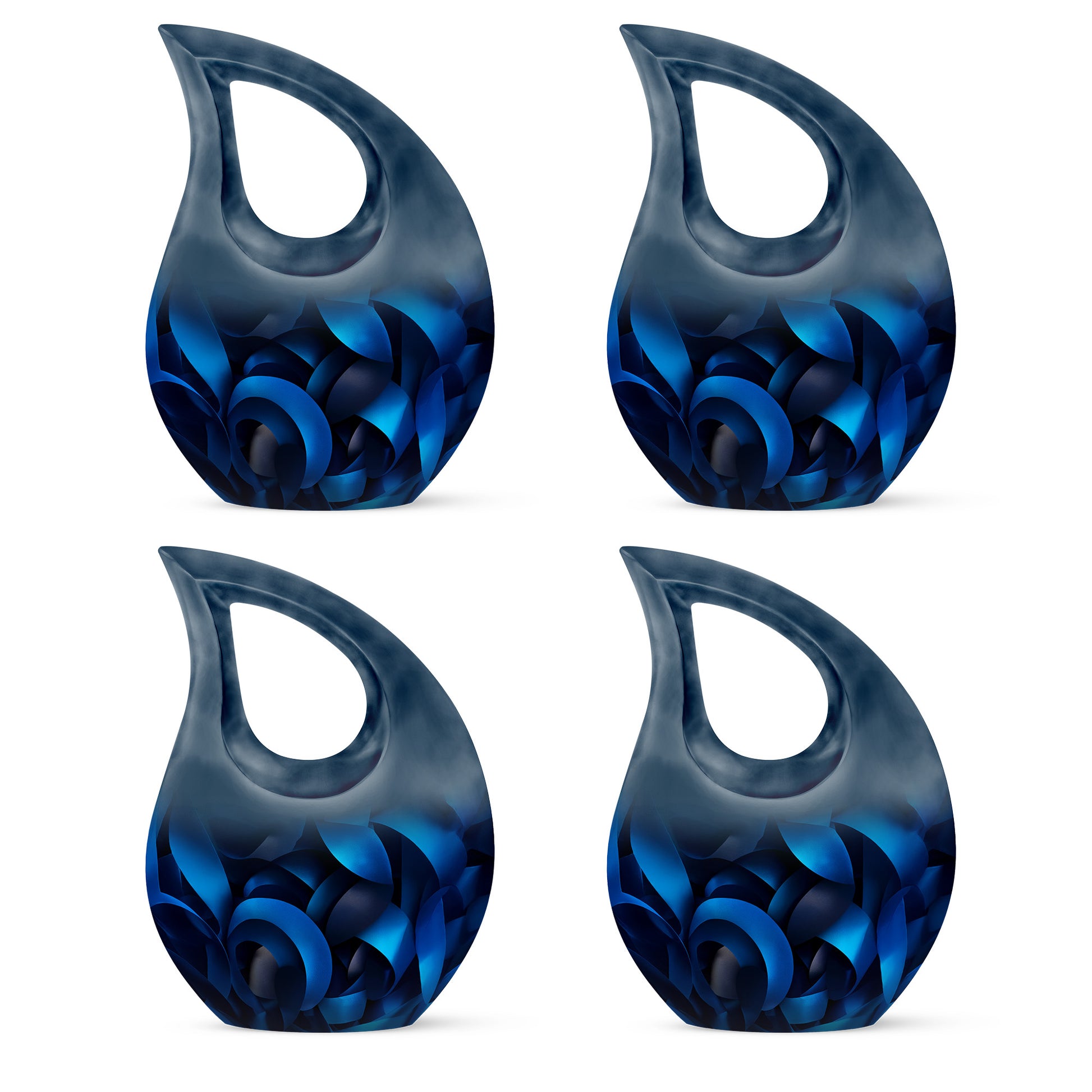 Ebony Blue Cremation Urn lifestyle display on memorial shelf - cross and blue combined in spiritual memorial design - 10 inch aluminum urn for cremated remains