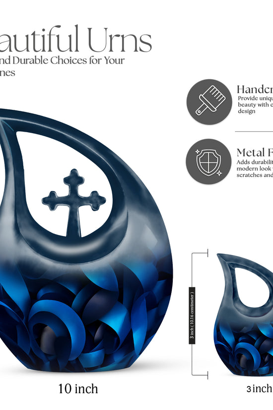 Obsidian Black Blue Cremation Urn back view with polished surface - faith-inspired cross-drop urn with blue pattern - mini keepsake memorial for portion of cremation ashes