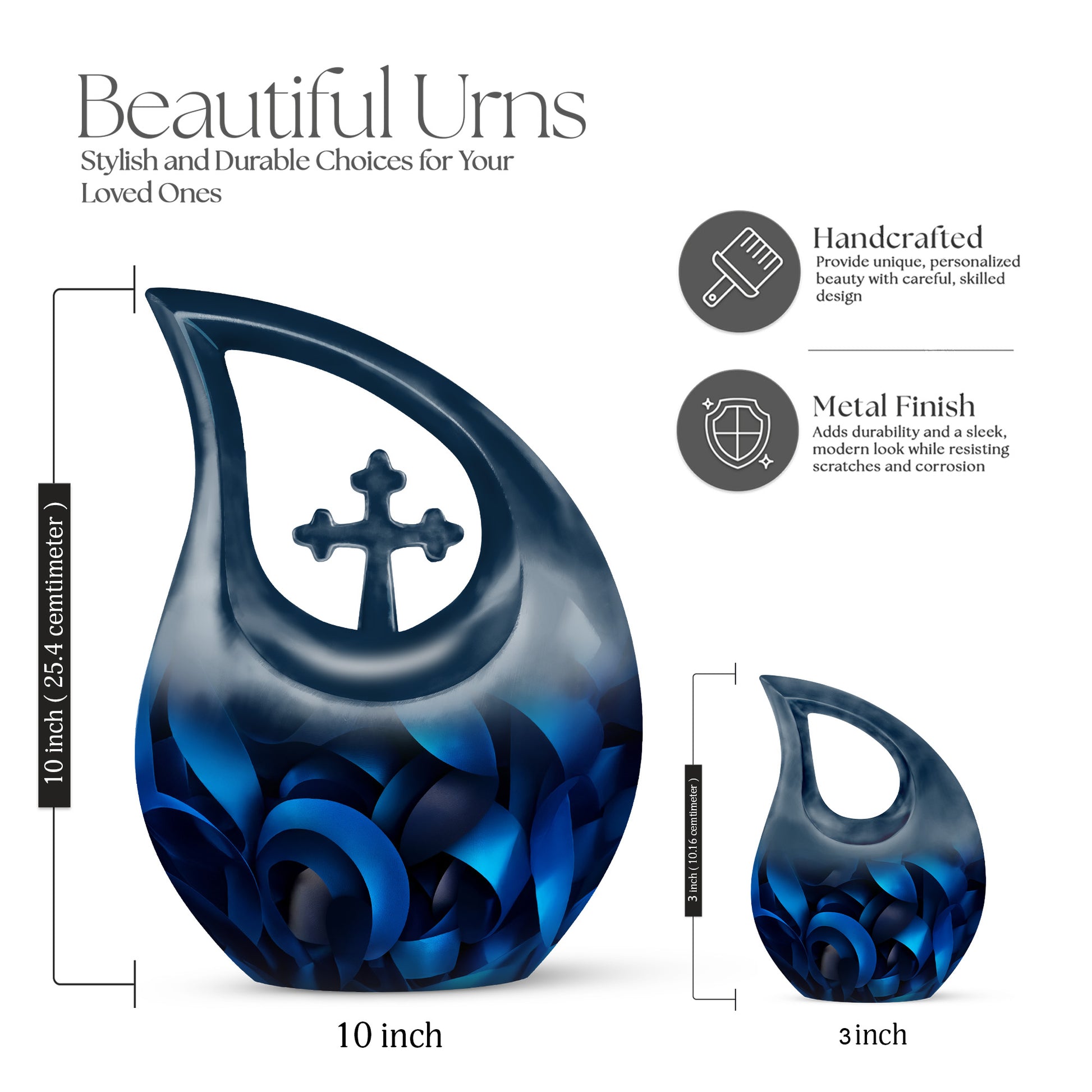 Obsidian Black Blue Cremation Urn back view with polished surface - faith-inspired cross-drop urn with blue pattern - mini keepsake memorial for portion of cremation ashes