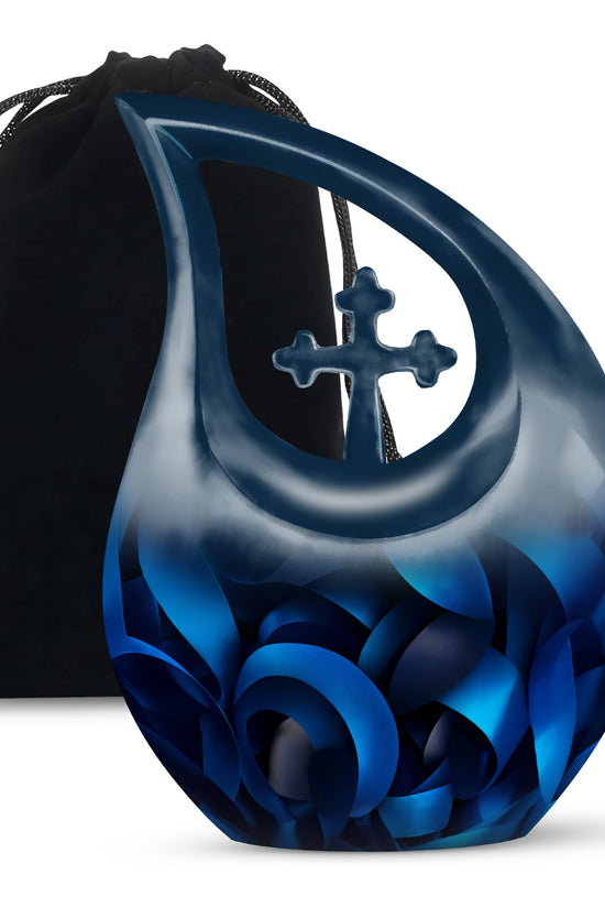 Obsidian Black Blue Cremation Urn top-down view of secure threaded lid - devotional cross-drop blue engraving - full-size 10 inch 200 cubic inch adult cremation urn