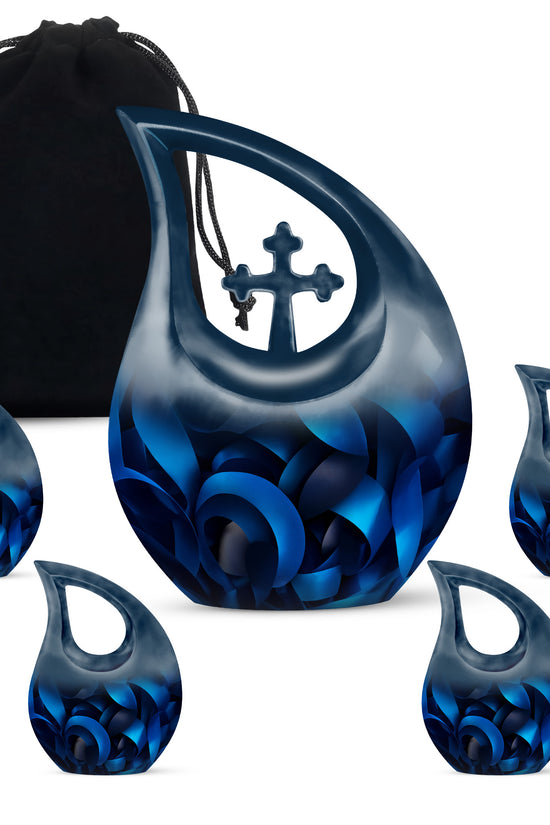 Deep Black Blue Cremation Urn urn with complimentary velvet bag - sacred cross merged with blue motif on metal - memorial set with one large and four small urns