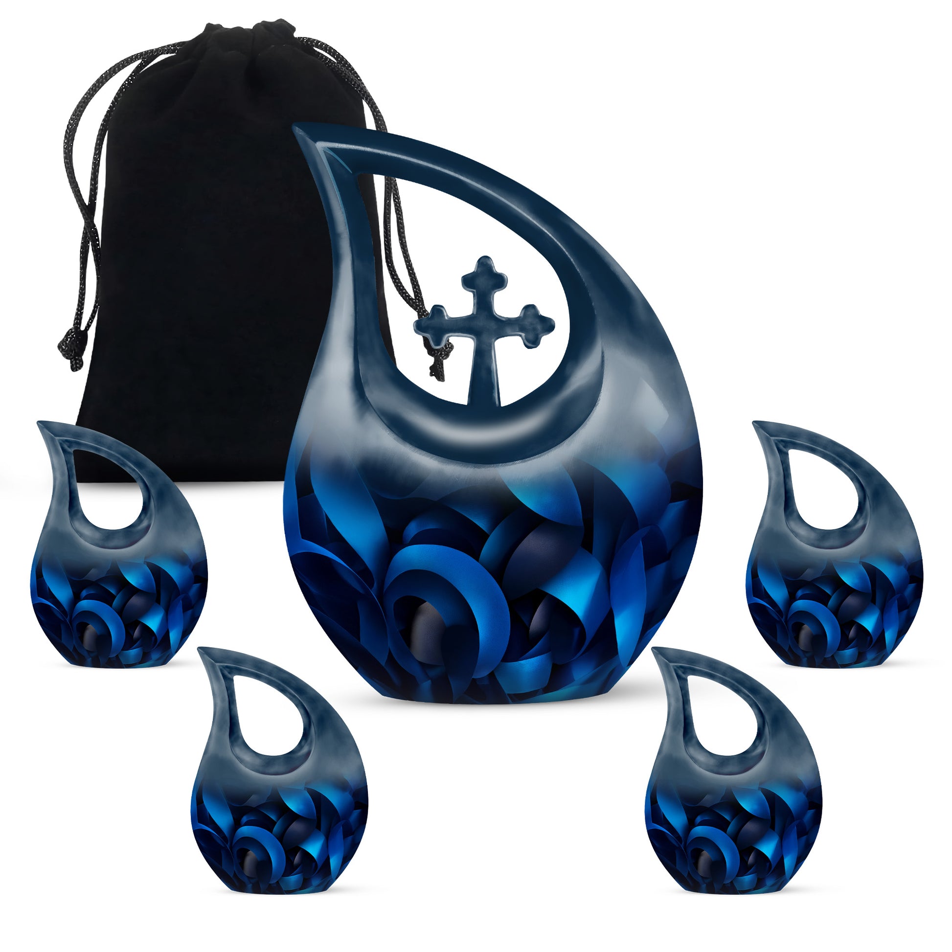 Deep Black Blue Cremation Urn urn with complimentary velvet bag - sacred cross merged with blue motif on metal - memorial set with one large and four small urns