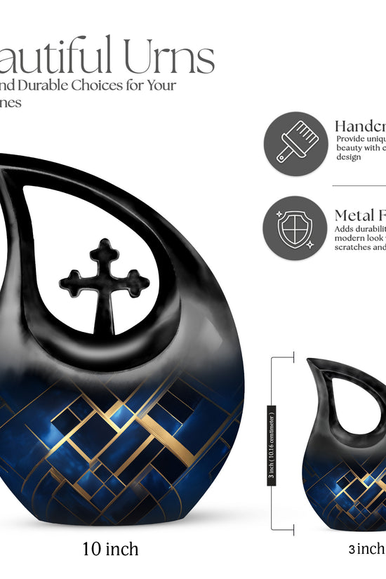 Celestial Blue Blue Cremation Urn back view with polished surface - cross and blue combined in spiritual memorial design - mini keepsake memorial for portion of cremation ashes