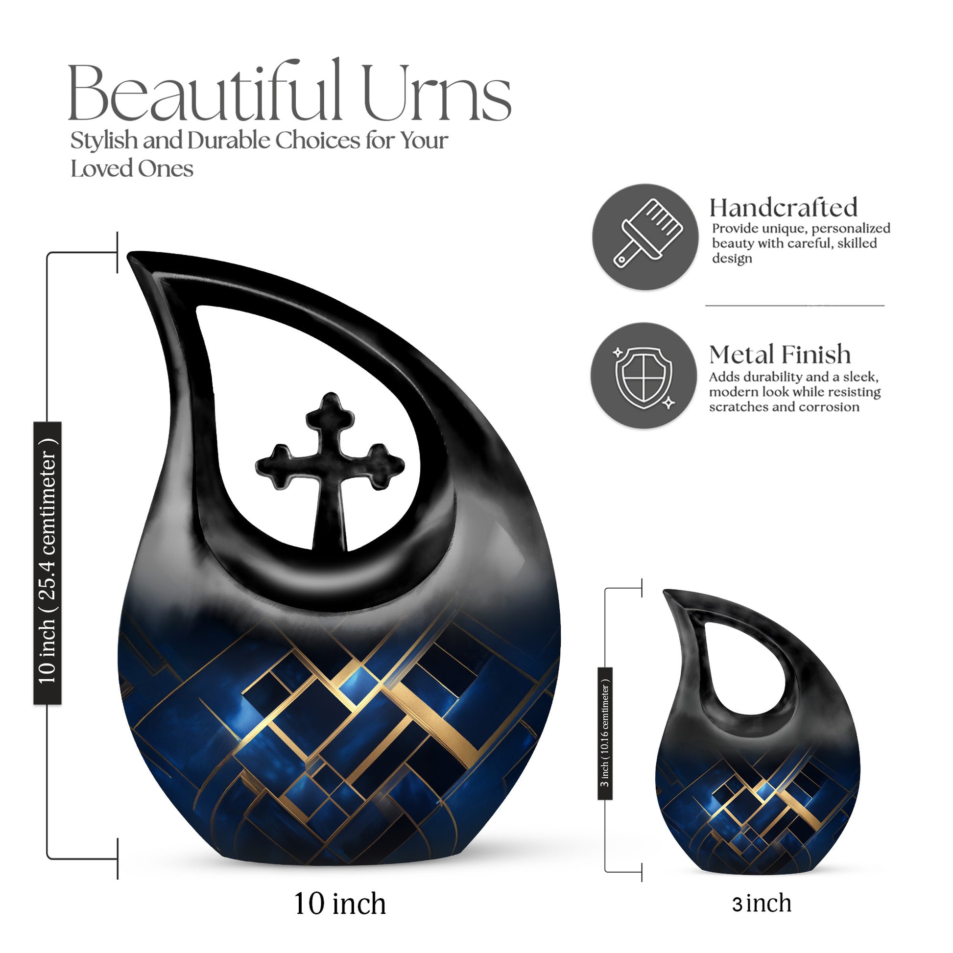Celestial Blue Blue Cremation Urn back view with polished surface - cross and blue combined in spiritual memorial design - mini keepsake memorial for portion of cremation ashes