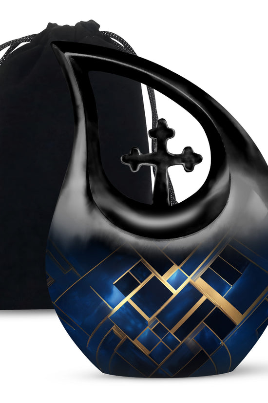 Cobalt Blue Blue Cremation Urn top-down view of secure threaded lid - devotional cross-drop blue engraving - full-size 10 inch 200 cubic inch adult cremation urn