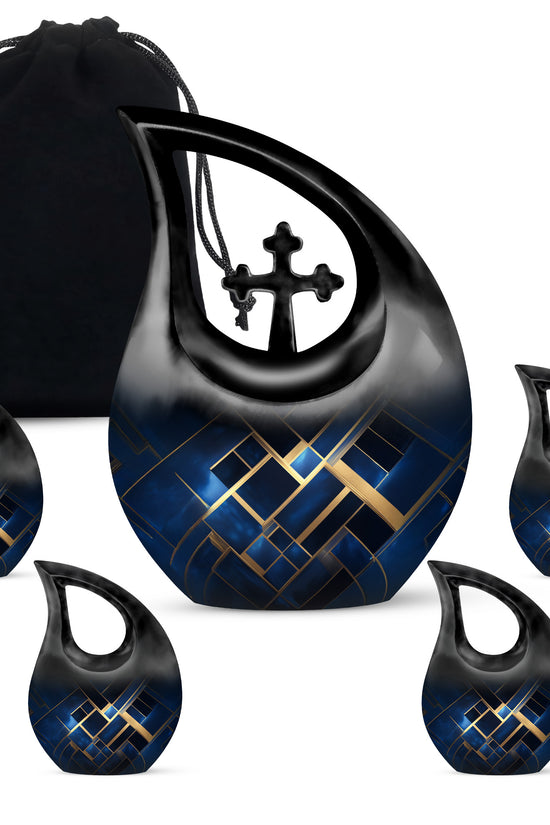 Azure Blue Cremation Urn urn with complimentary velvet bag - cross and blue combined in spiritual memorial design - memorial set with one large and four small urns