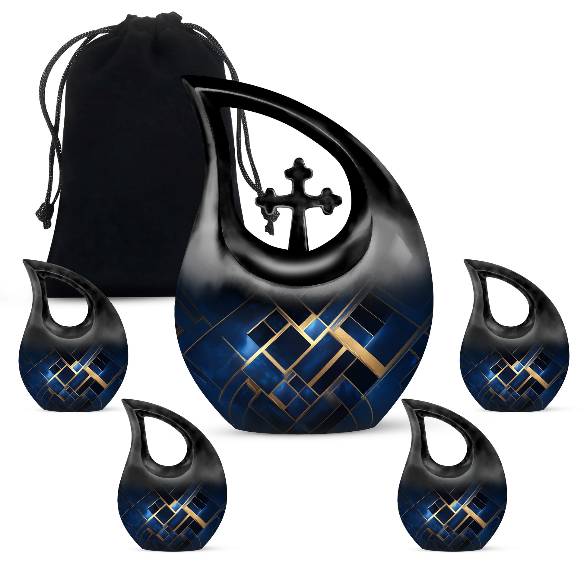 Azure Blue Cremation Urn urn with complimentary velvet bag - cross and blue combined in spiritual memorial design - memorial set with one large and four small urns