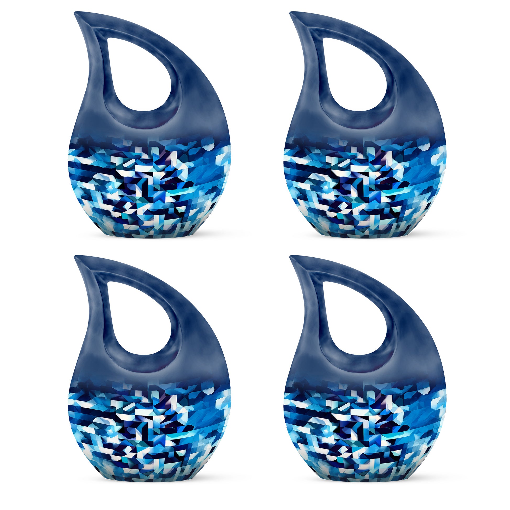 Steel Blue Blue Cremation Urn lifestyle display on memorial shelf - devotional cross-drop blue engraving - 10 inch aluminum urn for cremated remains