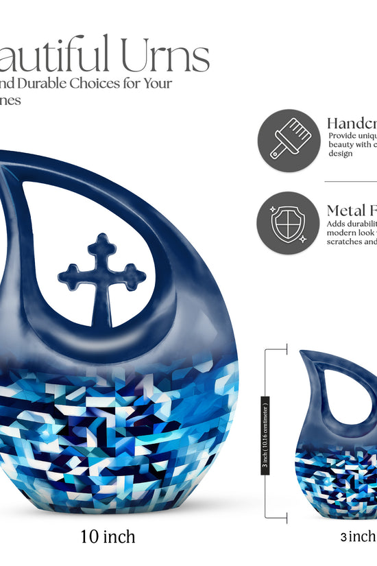 Azure Blue Cremation Urn back view with polished surface - cross and blue combined in spiritual memorial design - mini keepsake memorial for portion of cremation ashes