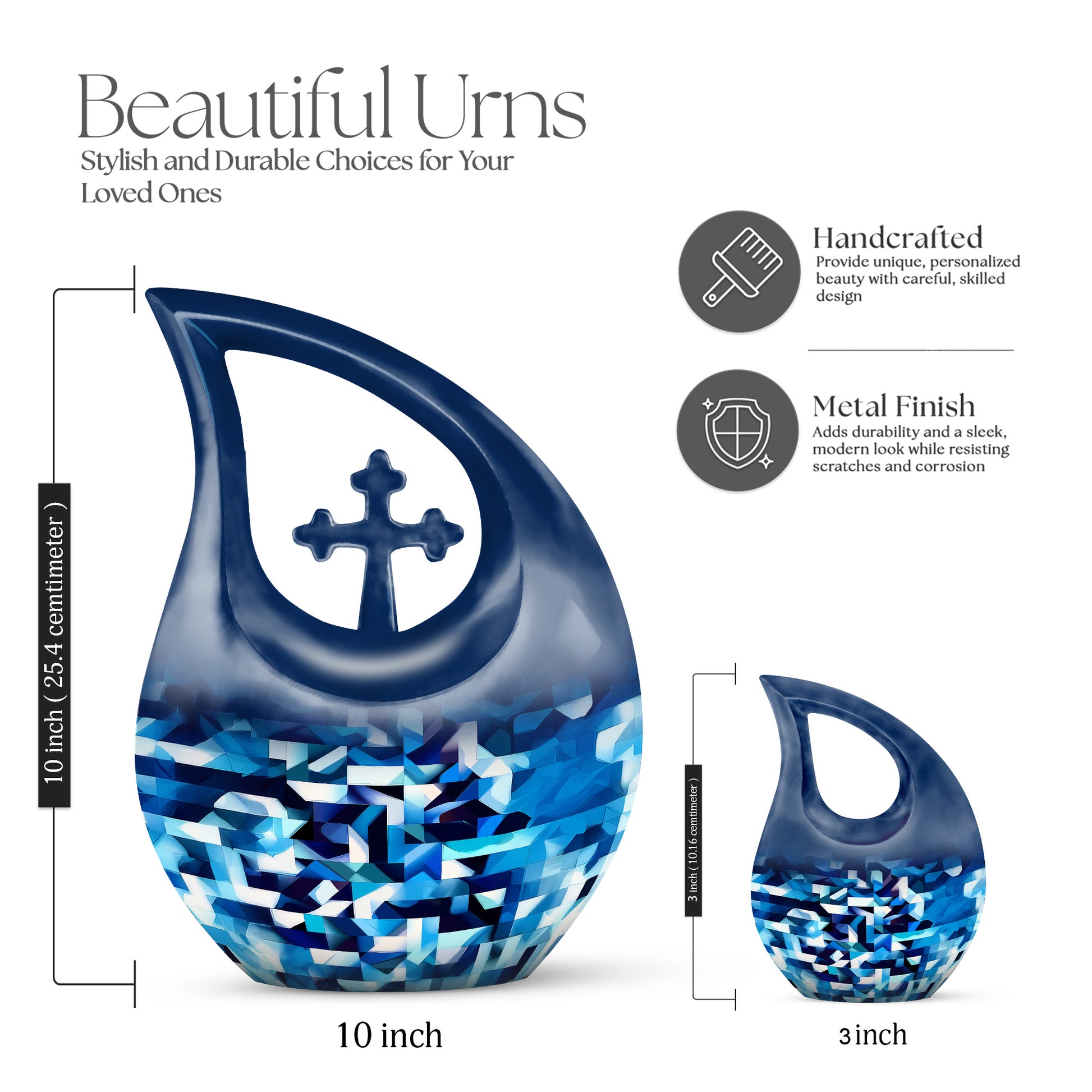 Azure Blue Cremation Urn back view with polished surface - cross and blue combined in spiritual memorial design - mini keepsake memorial for portion of cremation ashes