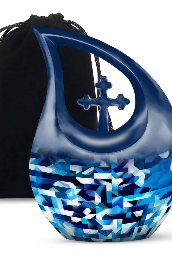 Cornflower Blue Blue Cremation Urn top-down view of secure threaded lid - devotional cross-drop blue engraving - full-size 10 inch 200 cubic inch adult cremation urn