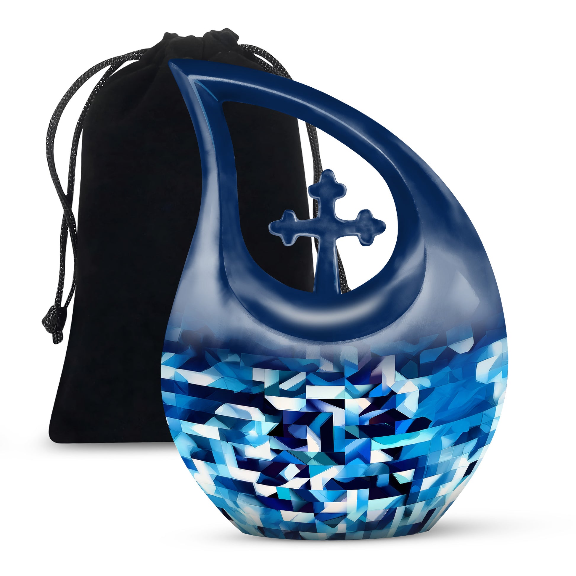 Cornflower Blue Blue Cremation Urn top-down view of secure threaded lid - devotional cross-drop blue engraving - full-size 10 inch 200 cubic inch adult cremation urn