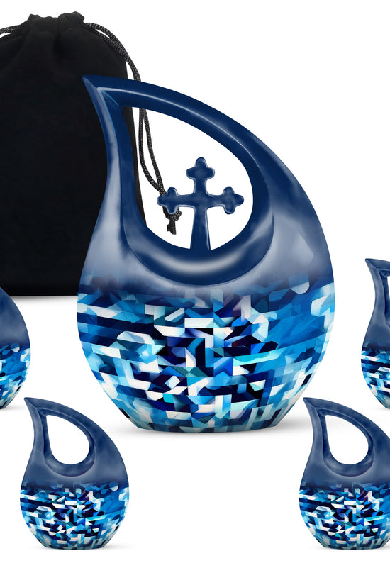 Steel Blue Blue Cremation Urn urn with complimentary velvet bag - faith-inspired cross-drop urn with blue pattern - memorial set with one large and four small urns