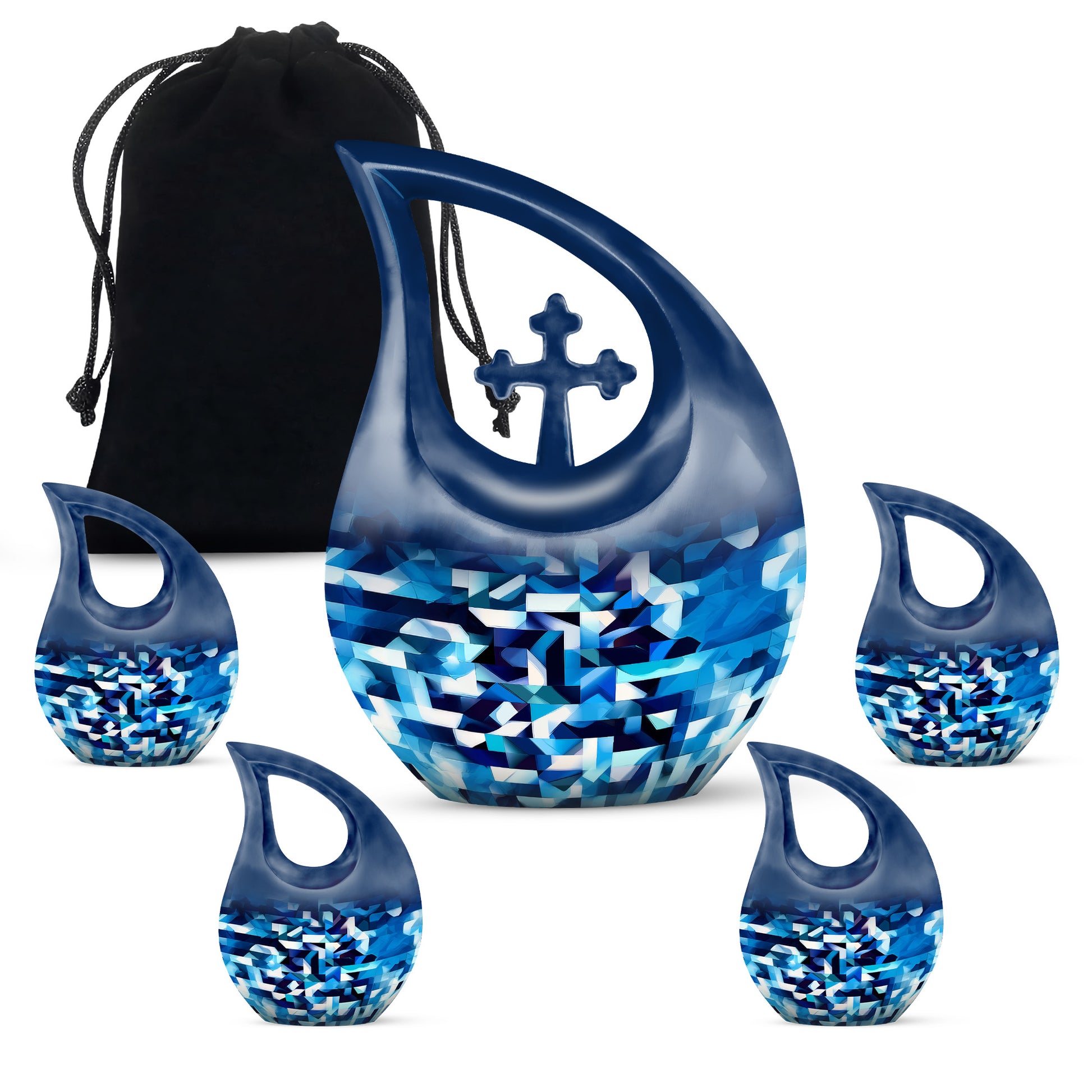 Steel Blue Blue Cremation Urn urn with complimentary velvet bag - faith-inspired cross-drop urn with blue pattern - memorial set with one large and four small urns