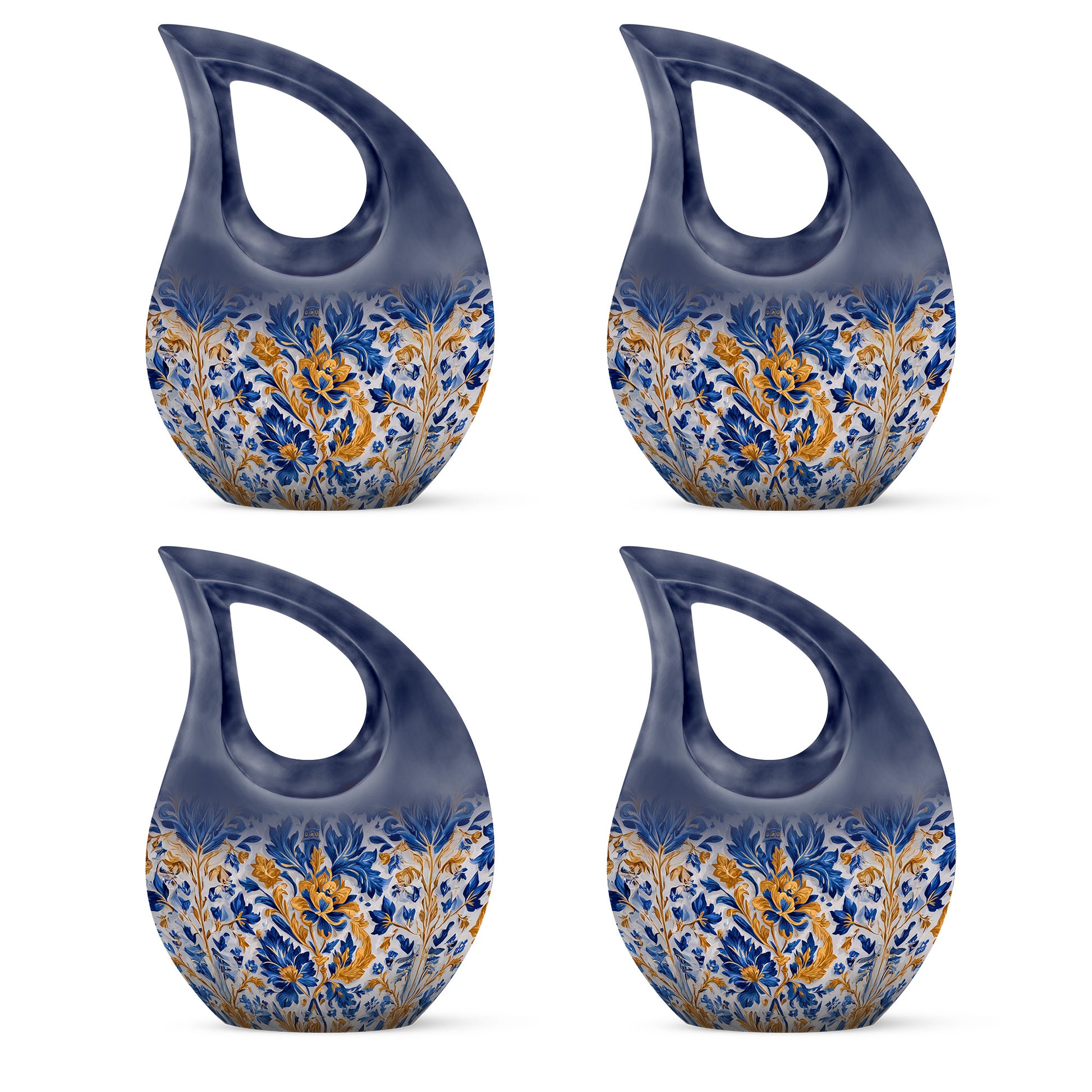 Charcoal Gray Blue Cremation Urn lifestyle display on memorial shelf - sacred cross merged with blue motif on metal - 10 inch aluminum urn for cremated remains
