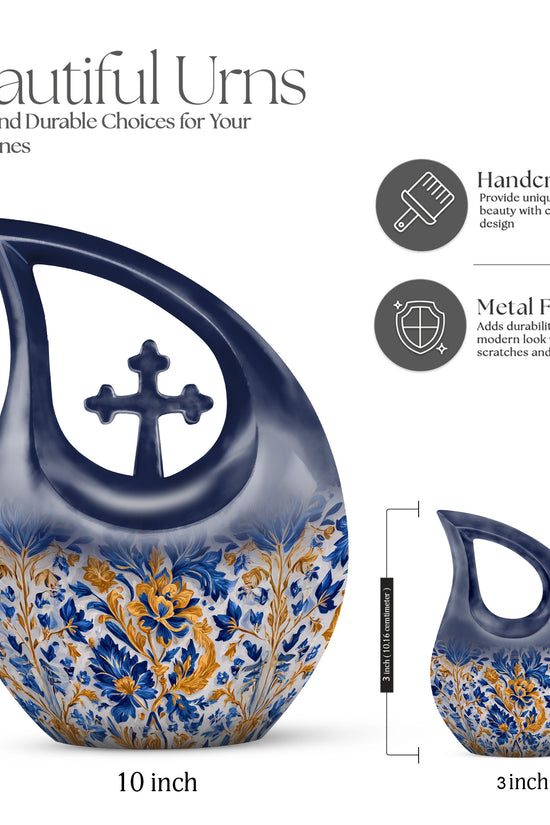 Ash Gray Blue Cremation Urn back view with polished surface - faith-inspired cross-drop urn with blue pattern - mini keepsake memorial for portion of cremation ashes