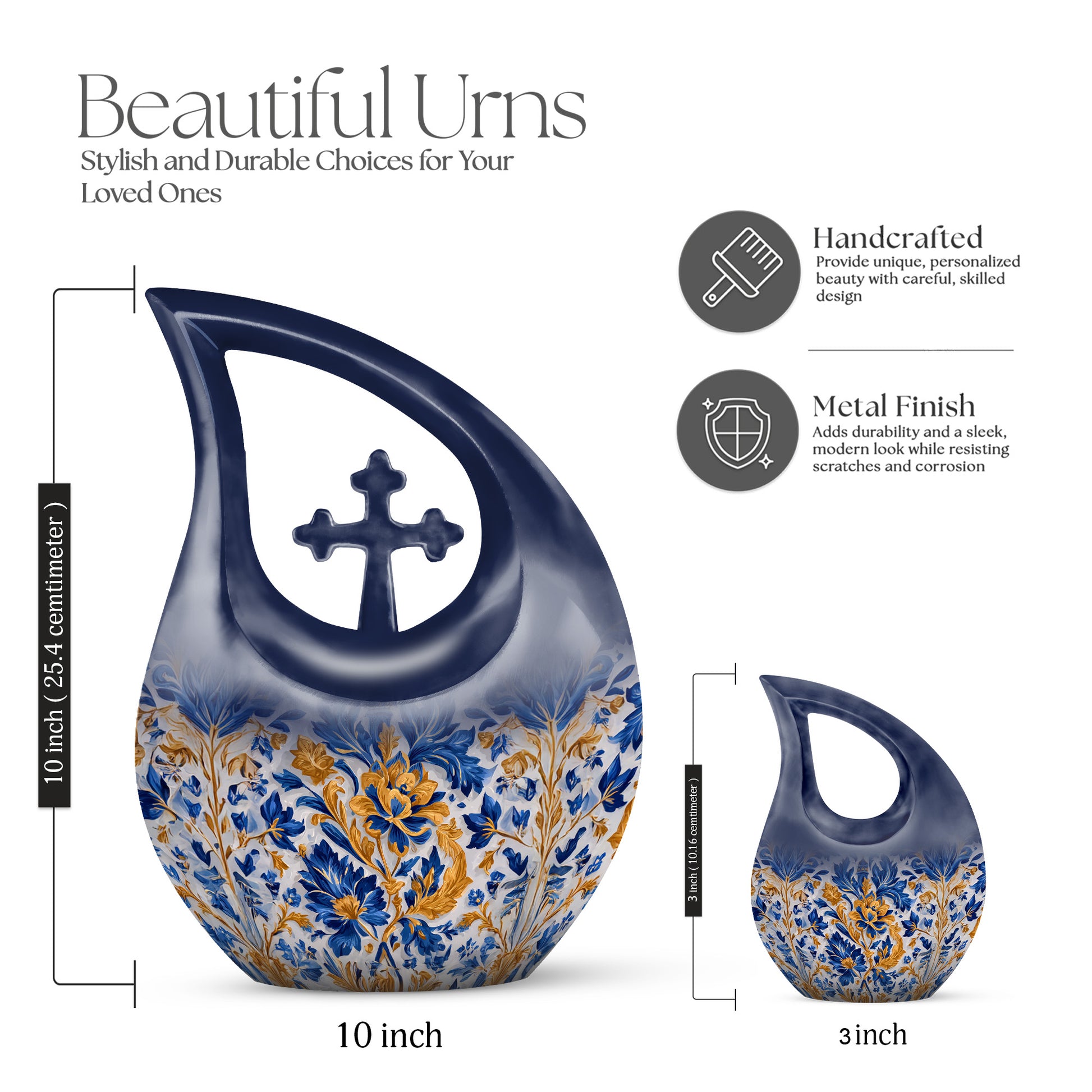 Ash Gray Blue Cremation Urn back view with polished surface - faith-inspired cross-drop urn with blue pattern - mini keepsake memorial for portion of cremation ashes