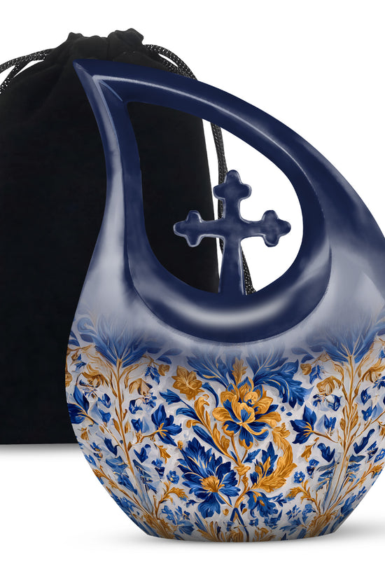 Pewter Gray Blue Cremation Urn top-down view of secure threaded lid - cross and blue combined in spiritual memorial design - full-size 10 inch 200 cubic inch adult cremation urn