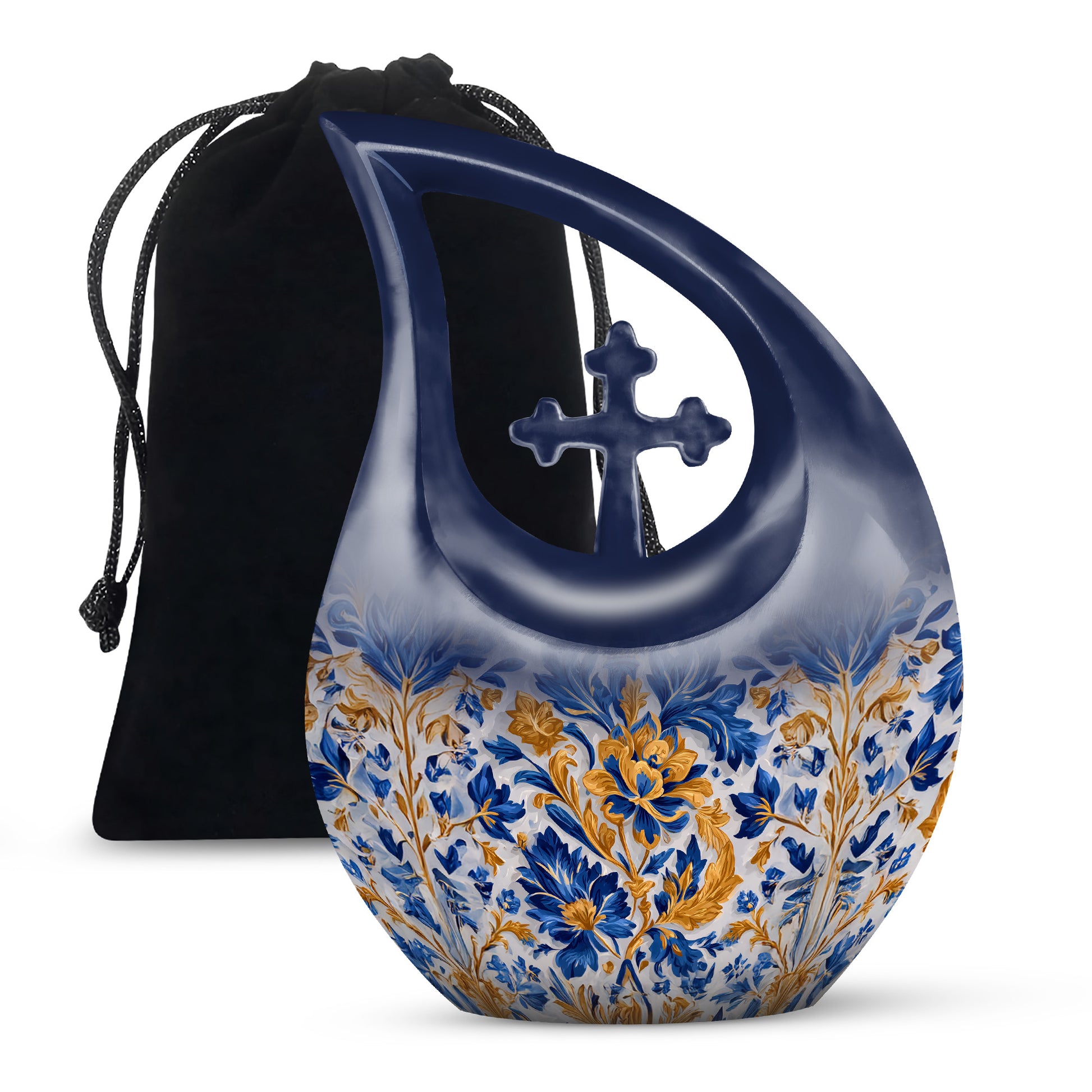 Pewter Gray Blue Cremation Urn top-down view of secure threaded lid - cross and blue combined in spiritual memorial design - full-size 10 inch 200 cubic inch adult cremation urn