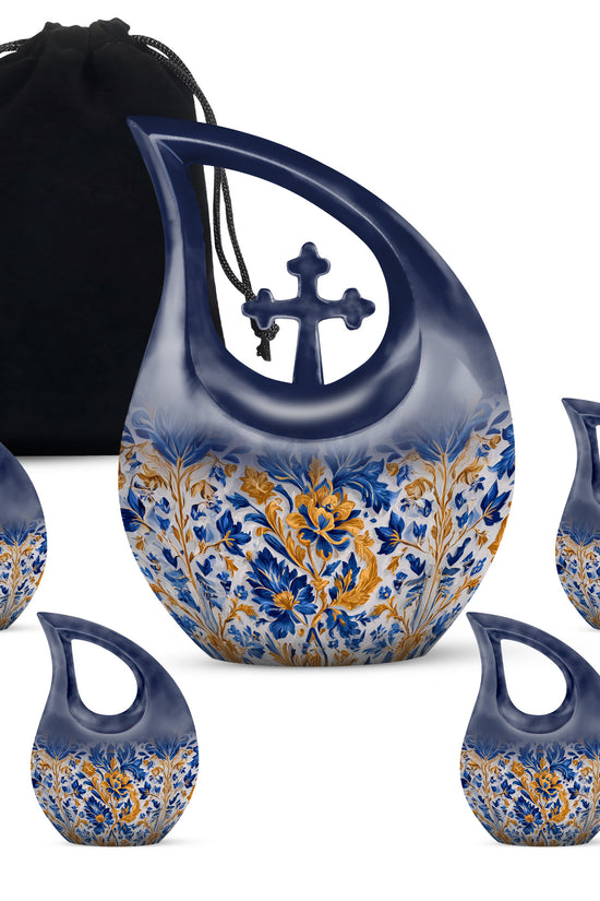 Storm Gray Blue Cremation Urn urn with complimentary velvet bag - devotional cross-drop blue engraving - memorial set with one large and four small urns