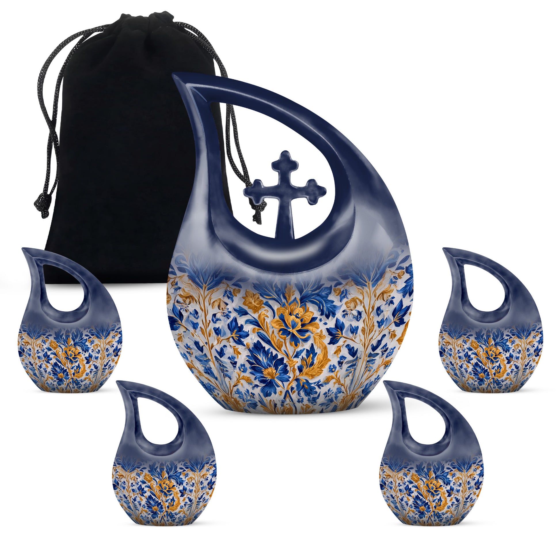 Storm Gray Blue Cremation Urn urn with complimentary velvet bag - devotional cross-drop blue engraving - memorial set with one large and four small urns