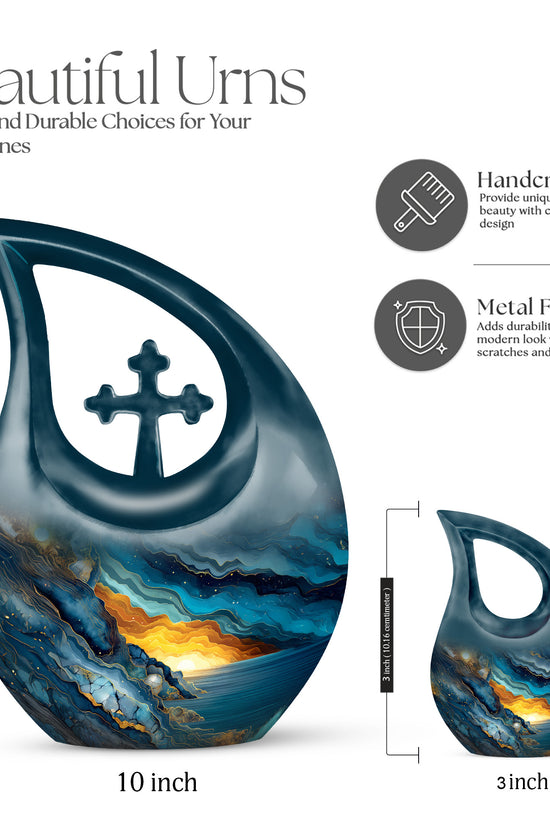 Serene Blue Blue Cremation Urn back view with polished surface - devotional cross-drop blue engraving - mini keepsake memorial for portion of cremation ashes
