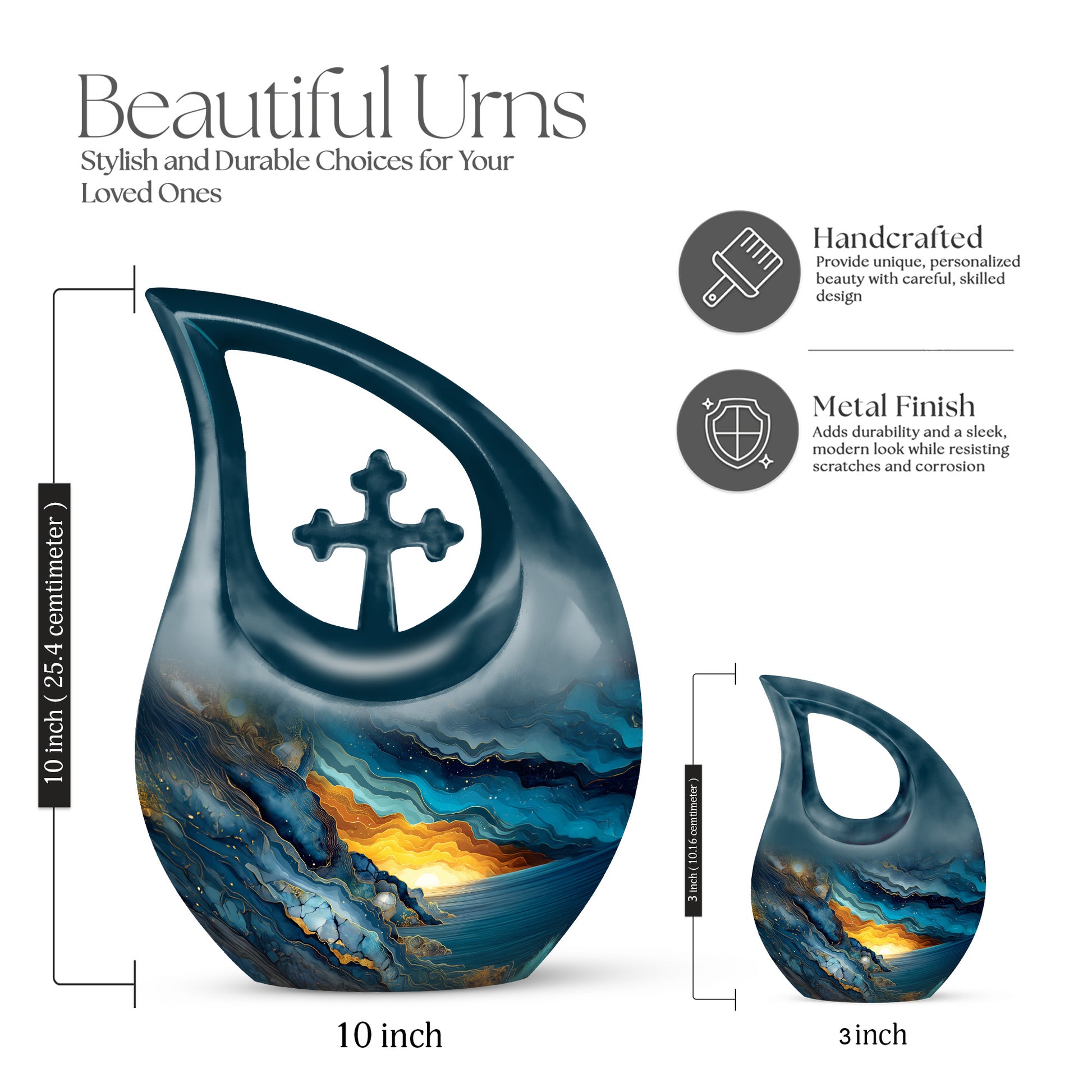 Serene Blue Blue Cremation Urn back view with polished surface - devotional cross-drop blue engraving - mini keepsake memorial for portion of cremation ashes
