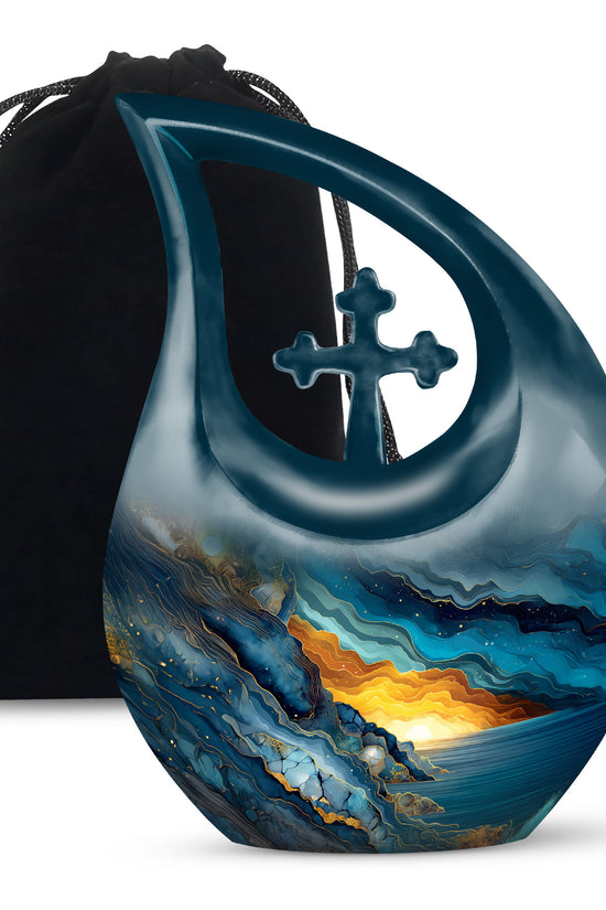 Azure Blue Cremation Urn top-down view of secure threaded lid - cross and blue combined in spiritual memorial design - full-size 10 inch 200 cubic inch adult cremation urn