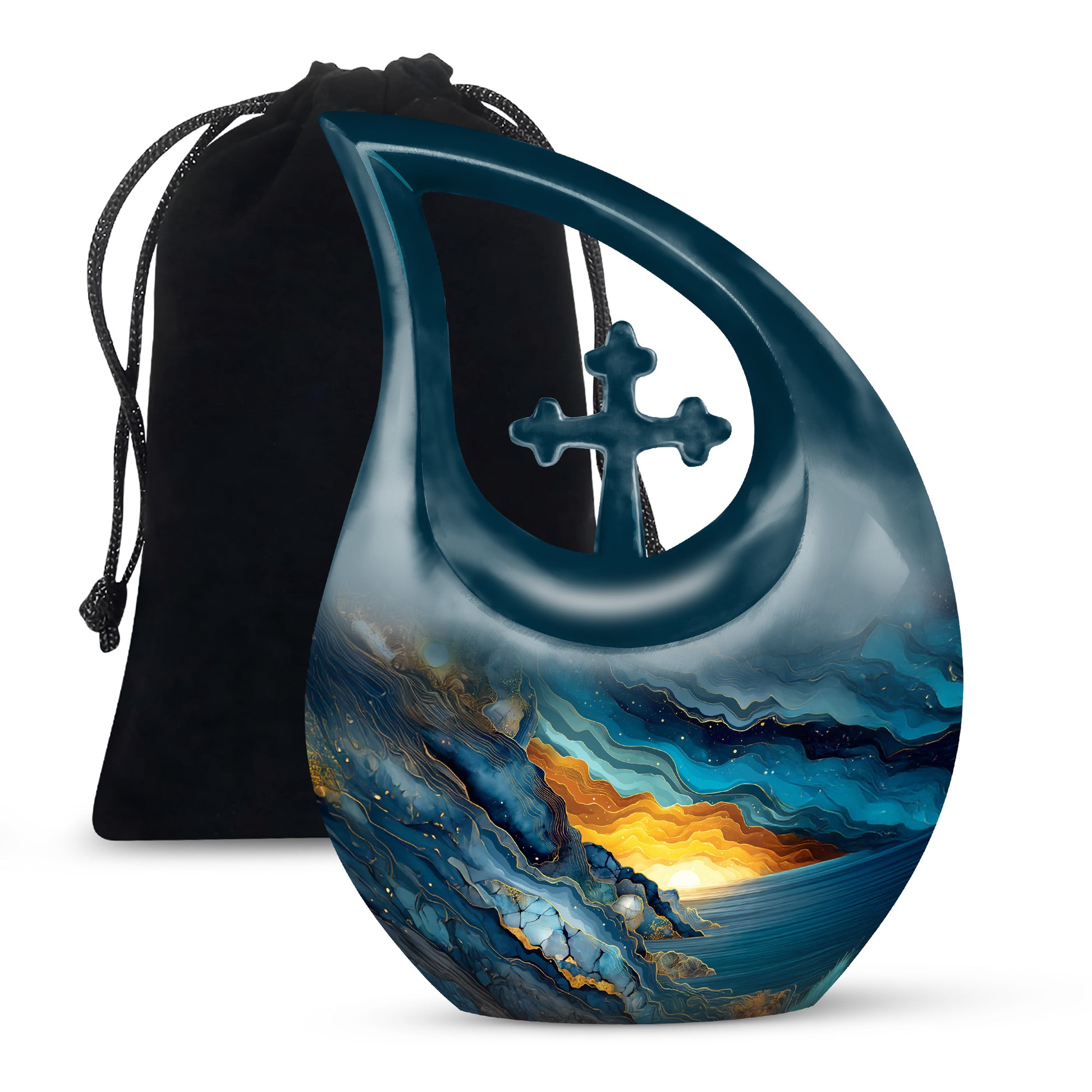 Azure Blue Cremation Urn top-down view of secure threaded lid - cross and blue combined in spiritual memorial design - full-size 10 inch 200 cubic inch adult cremation urn