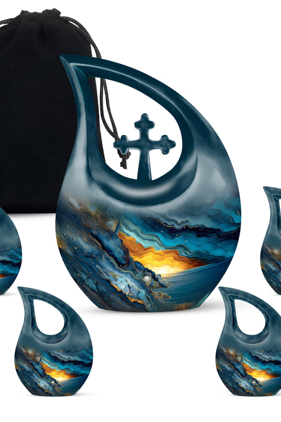 Cobalt Blue Blue Cremation Urn urn with complimentary velvet bag - faith-inspired cross-drop urn with blue pattern - memorial set with one large and four small urns