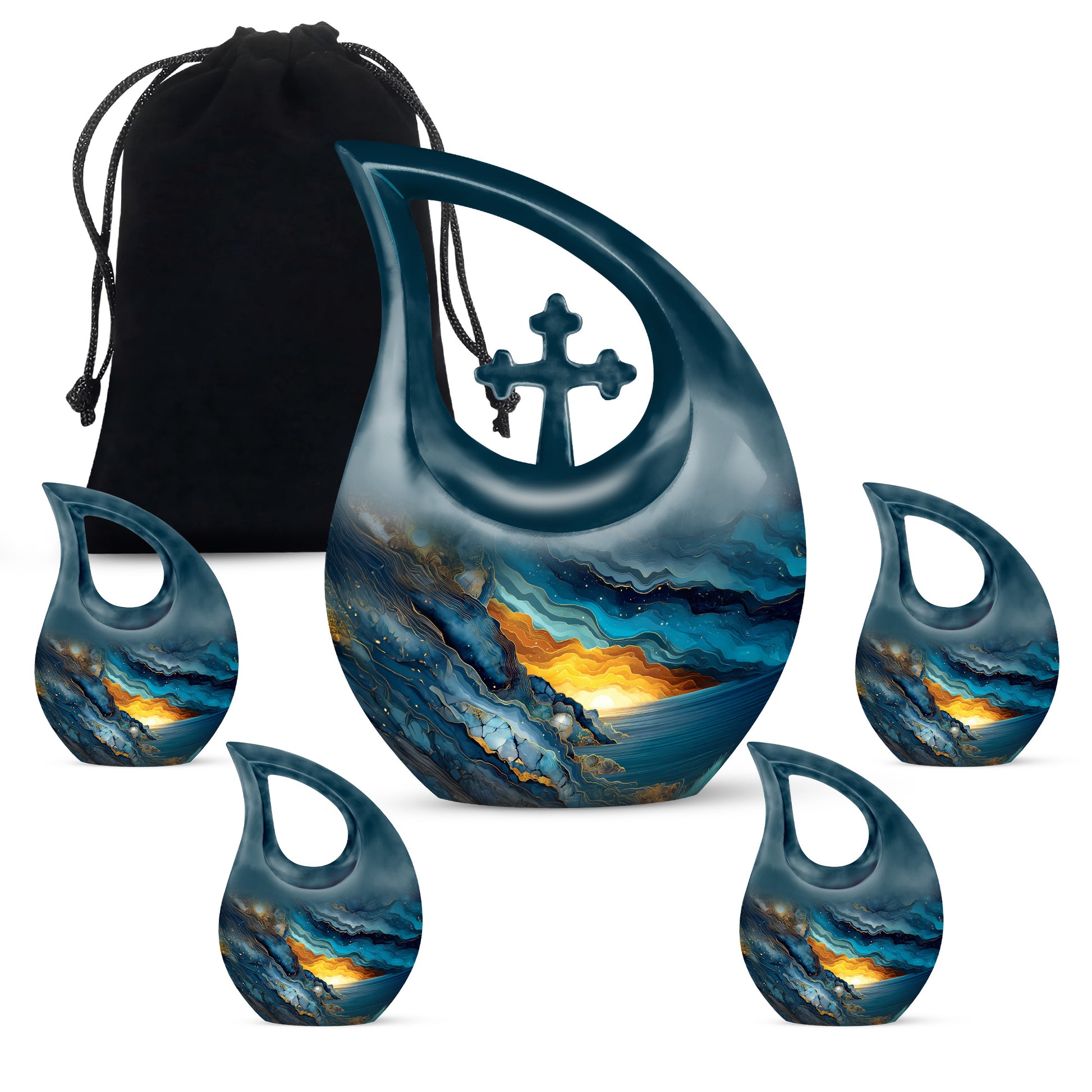 Cobalt Blue Blue Cremation Urn urn with complimentary velvet bag - faith-inspired cross-drop urn with blue pattern - memorial set with one large and four small urns