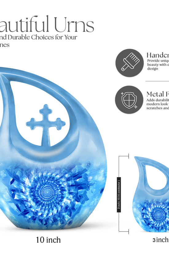 Azure Blue Cremation Urn back view with polished surface - cross and blue combined in spiritual memorial design - mini keepsake memorial for portion of cremation ashes