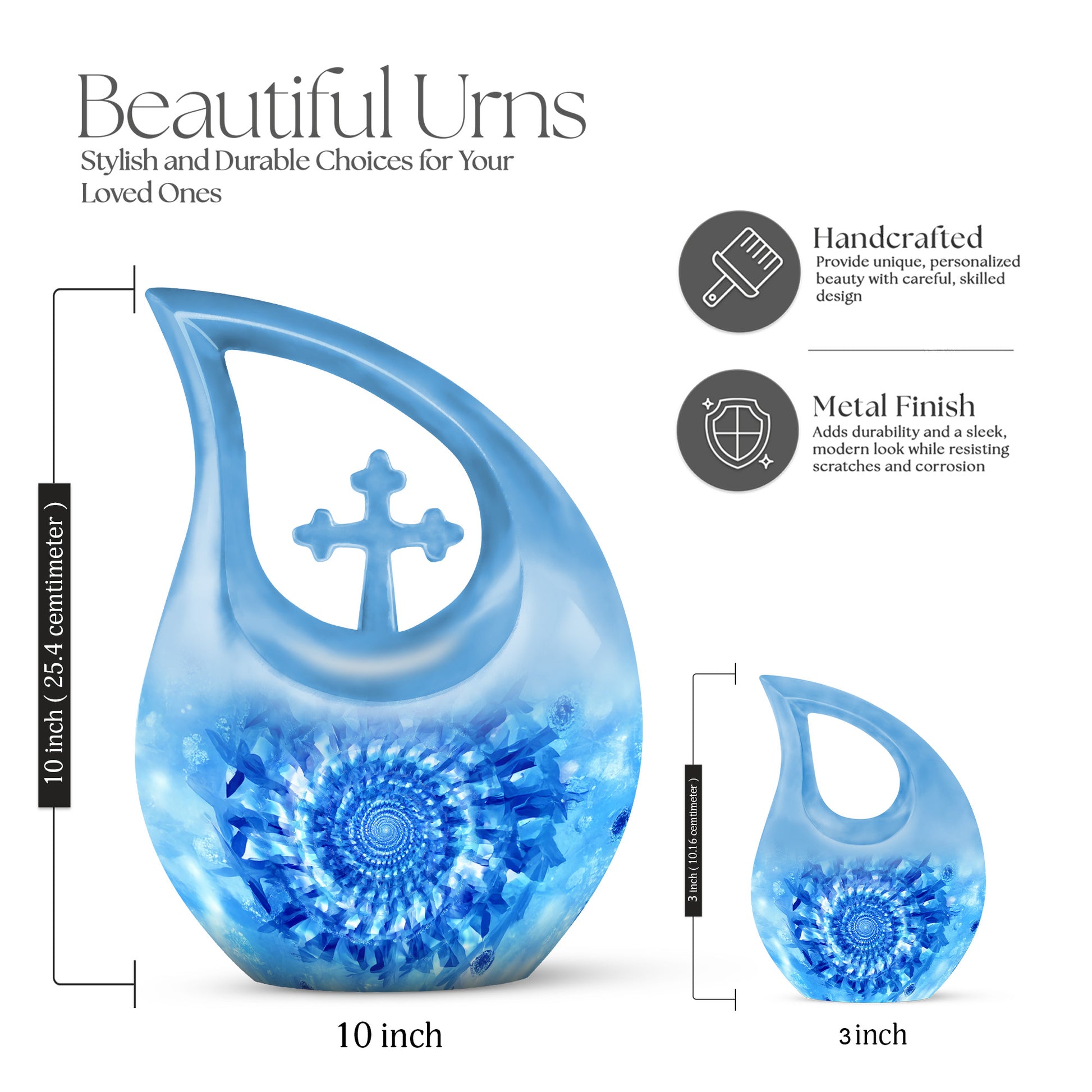 Azure Blue Cremation Urn back view with polished surface - cross and blue combined in spiritual memorial design - mini keepsake memorial for portion of cremation ashes