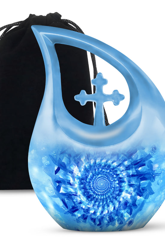 Icy Blue Blue Cremation Urn top-down view of secure threaded lid - cross and blue combined in spiritual memorial design - full-size 10 inch 200 cubic inch adult cremation urn