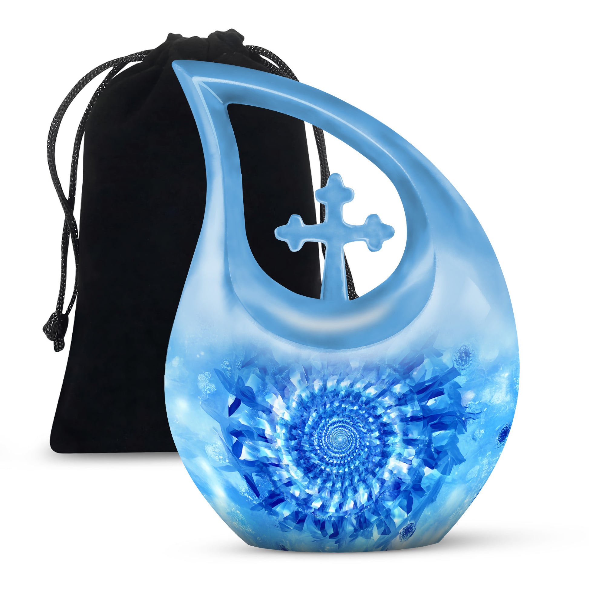Icy Blue Blue Cremation Urn top-down view of secure threaded lid - cross and blue combined in spiritual memorial design - full-size 10 inch 200 cubic inch adult cremation urn