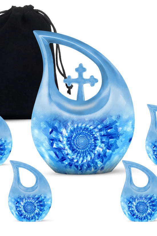 Soft Blue Blue Cremation Urn urn with complimentary velvet bag - faith-inspired cross-drop urn with blue pattern - memorial set with one large and four small urns