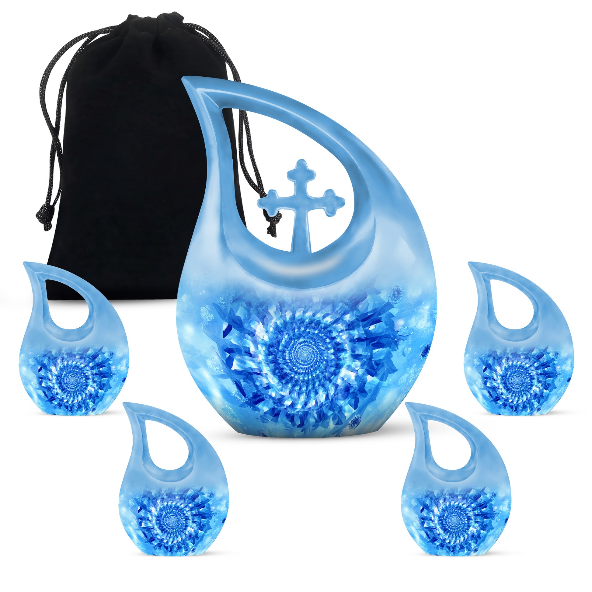 Soft Blue Blue Cremation Urn urn with complimentary velvet bag - faith-inspired cross-drop urn with blue pattern - memorial set with one large and four small urns