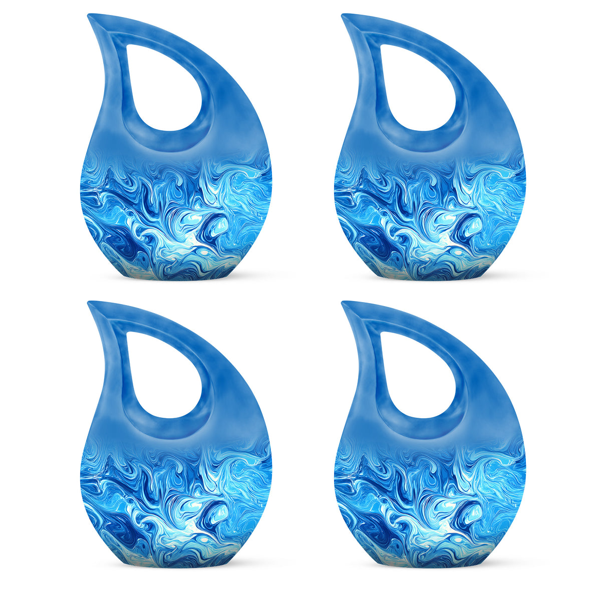 Sapphire Blue Blue Cremation Urn lifestyle display on memorial shelf - faith-inspired cross-drop urn with blue pattern - 10 inch aluminum urn for cremated remains