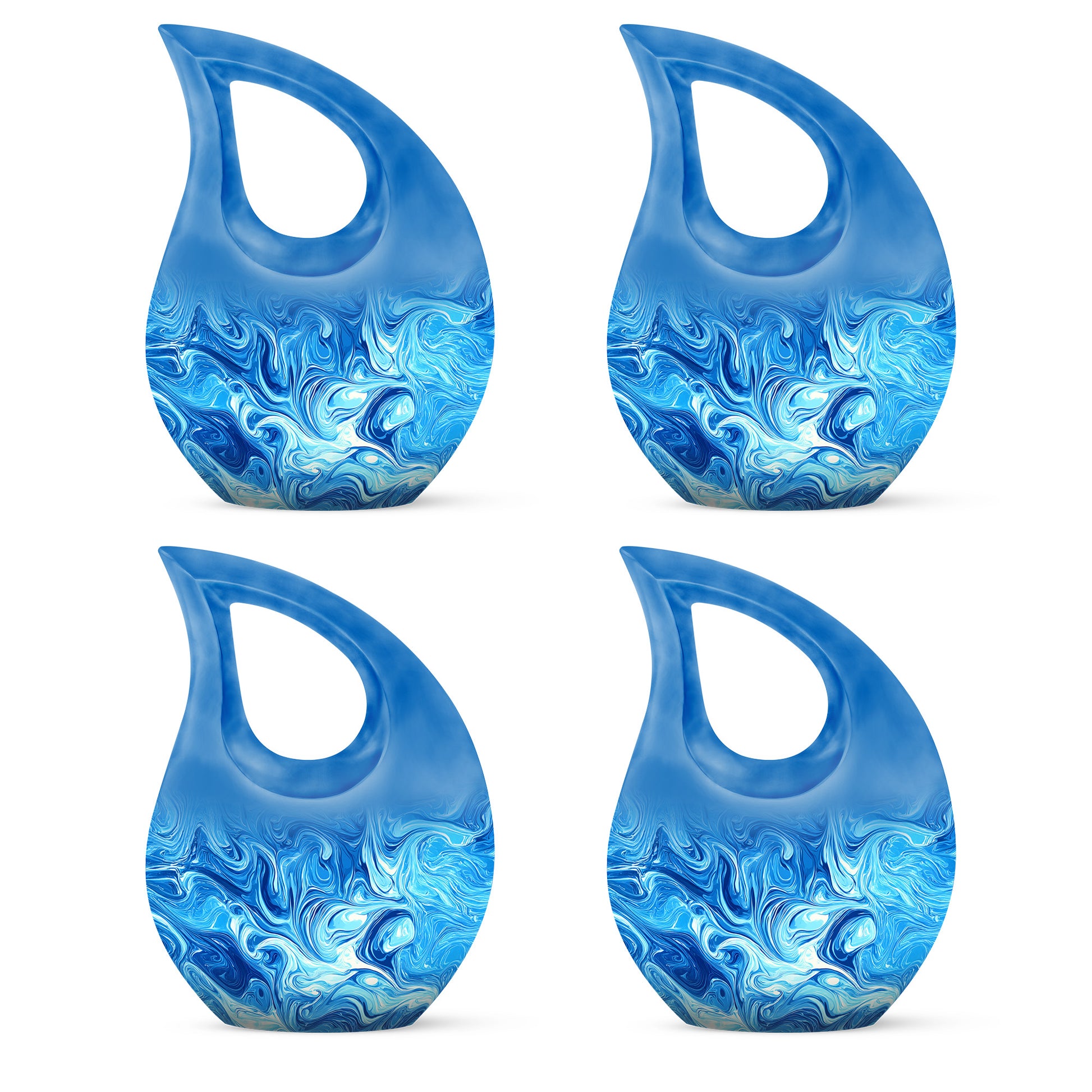 Sapphire Blue Blue Cremation Urn lifestyle display on memorial shelf - faith-inspired cross-drop urn with blue pattern - 10 inch aluminum urn for cremated remains