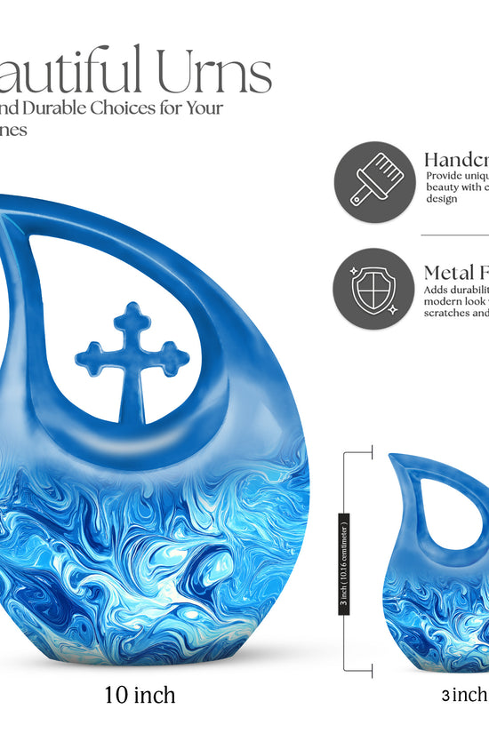 Calming Blue Blue Cremation Urn back view with polished surface - devotional cross-drop blue engraving - mini keepsake memorial for portion of cremation ashes