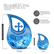 Calming Blue Blue Cremation Urn back view with polished surface - devotional cross-drop blue engraving - mini keepsake memorial for portion of cremation ashes