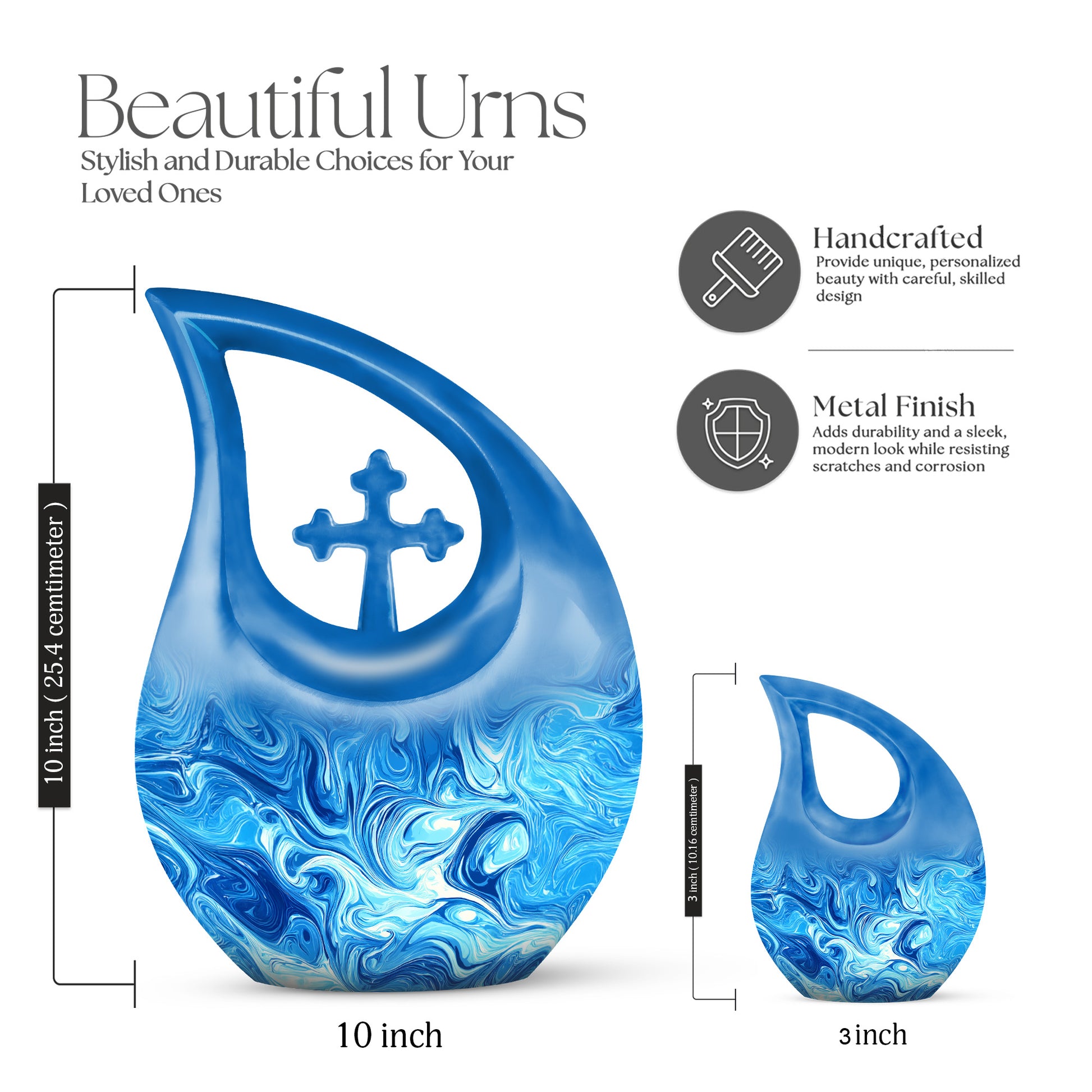 Calming Blue Blue Cremation Urn back view with polished surface - devotional cross-drop blue engraving - mini keepsake memorial for portion of cremation ashes