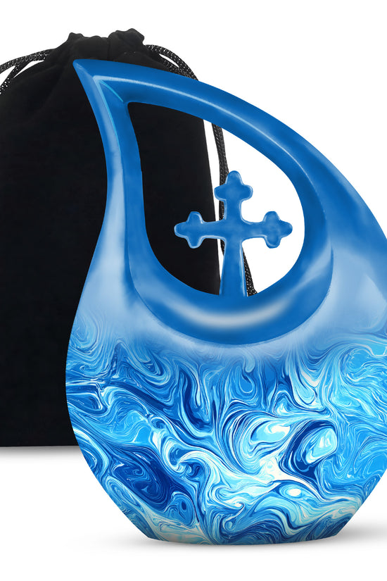 Soft Blue Blue Cremation Urn top-down view of secure threaded lid - faith-inspired cross-drop urn with blue pattern - full-size 10 inch 200 cubic inch adult cremation urn